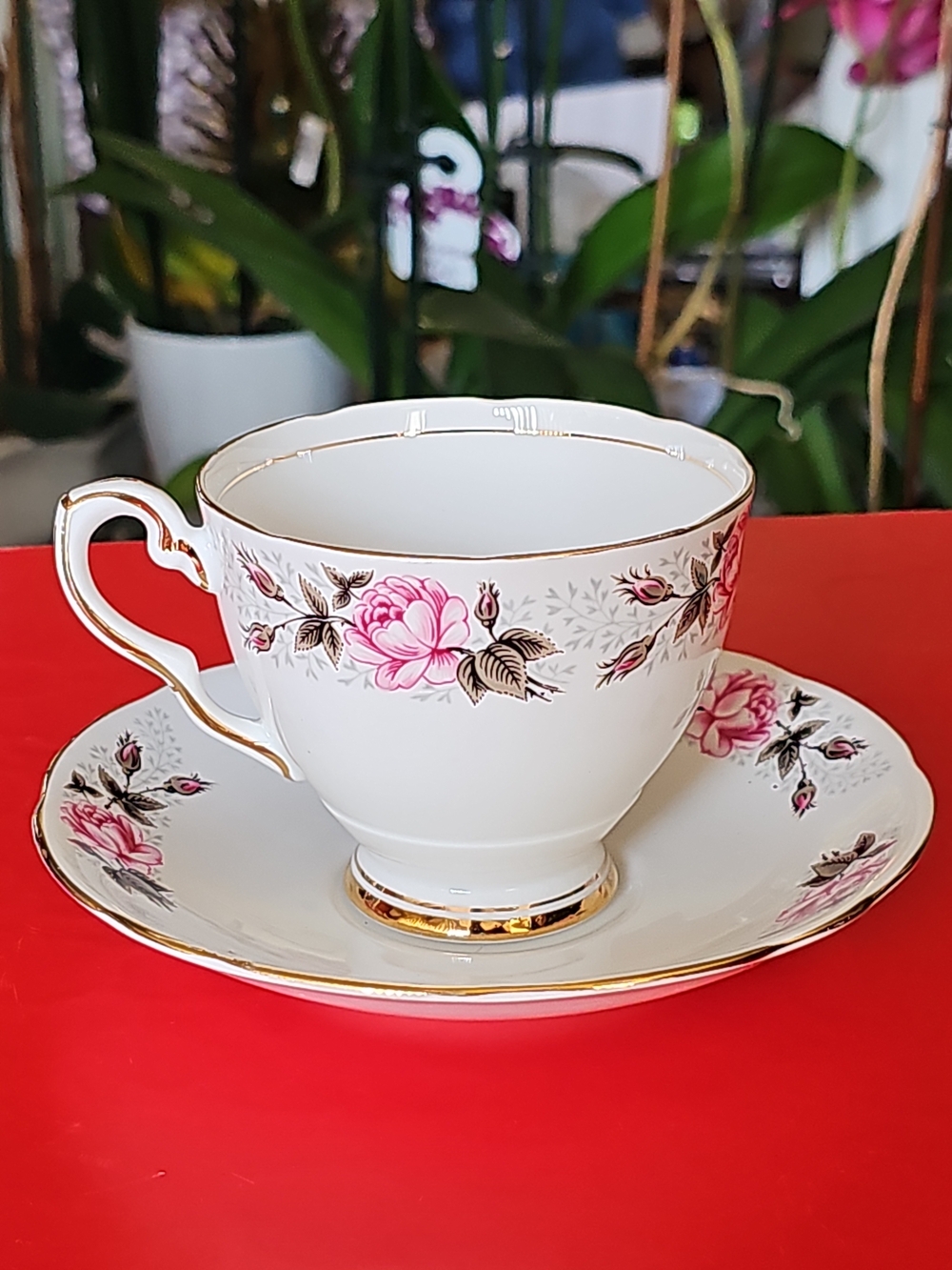 Vintage Royal Stafford footed Tea Cup & Saucer "Cecille" Pink Roses